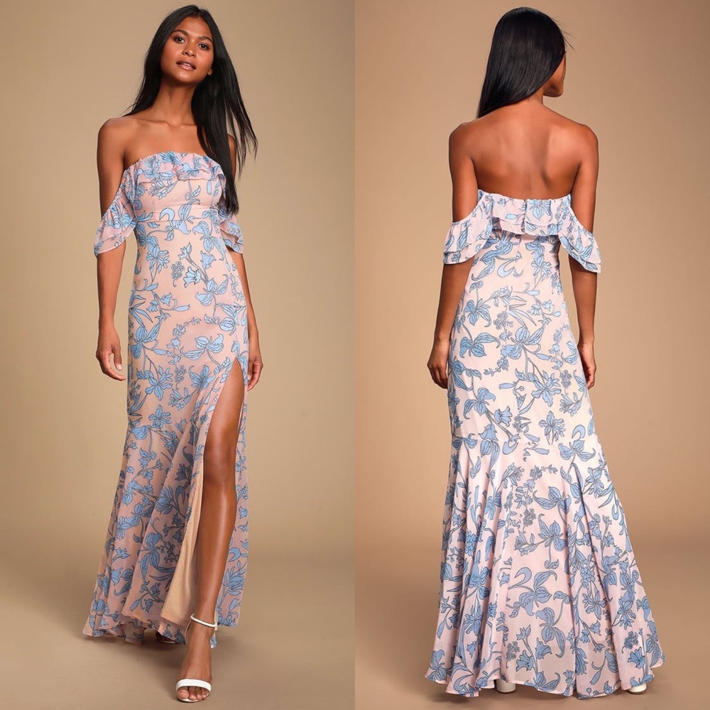 NEW Lulu’s Adelaide Blush Floral Print Off-the-Shoulder Maxi Dress Size S